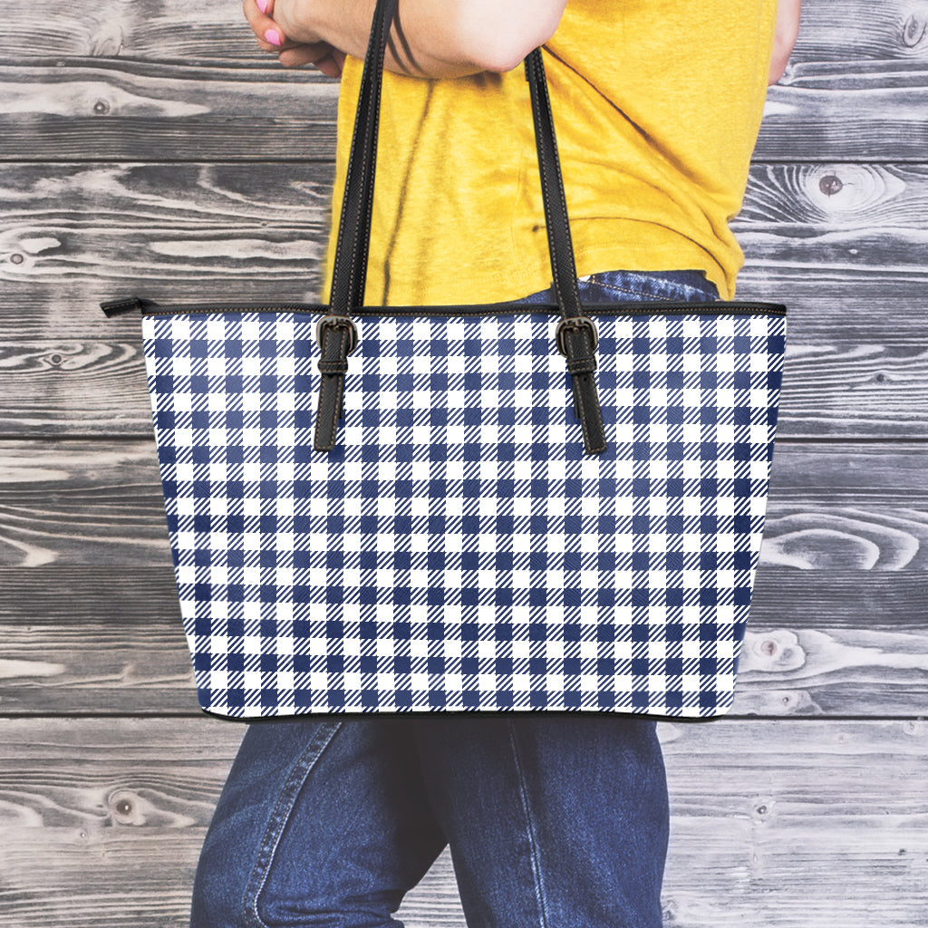 Navy And White Gingham Pattern Print Leather Tote Bag