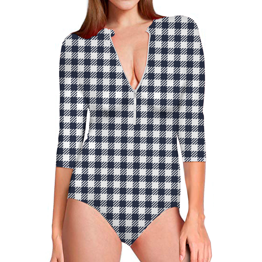 Navy And White Gingham Pattern Print Long Sleeve One Piece Swimsuit