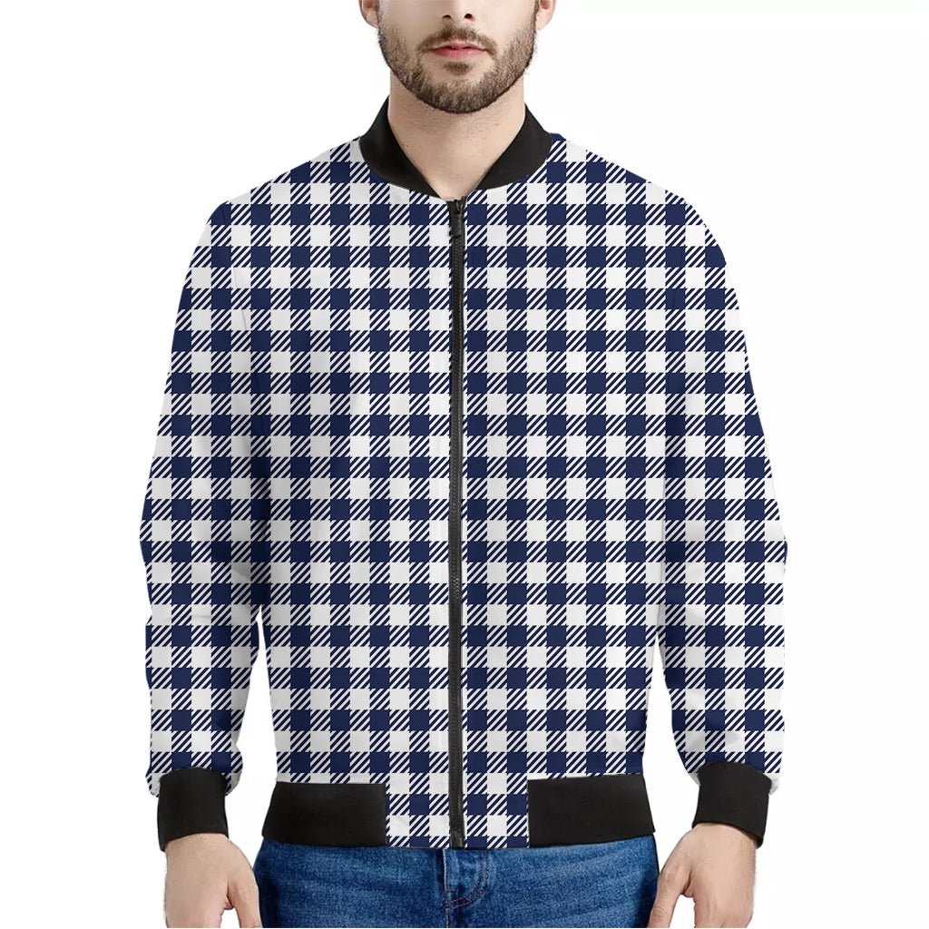 Navy And White Gingham Pattern Print Men's Bomber Jacket