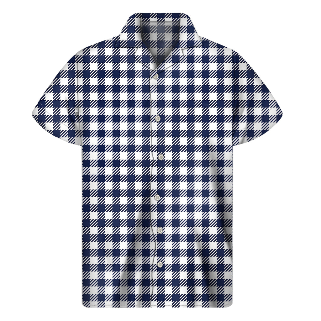 Navy And White Gingham Pattern Print Men's Short Sleeve Shirt