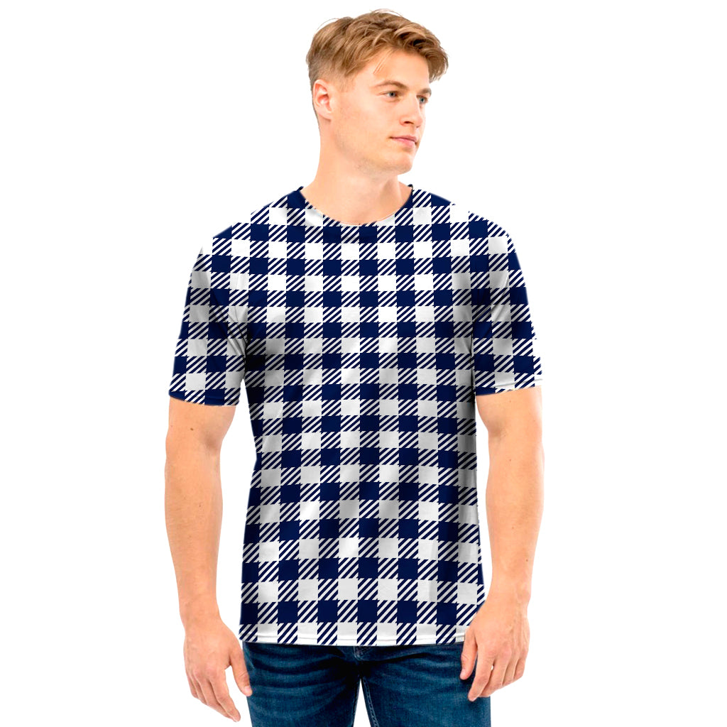 Navy And White Gingham Pattern Print Men's T-Shirt