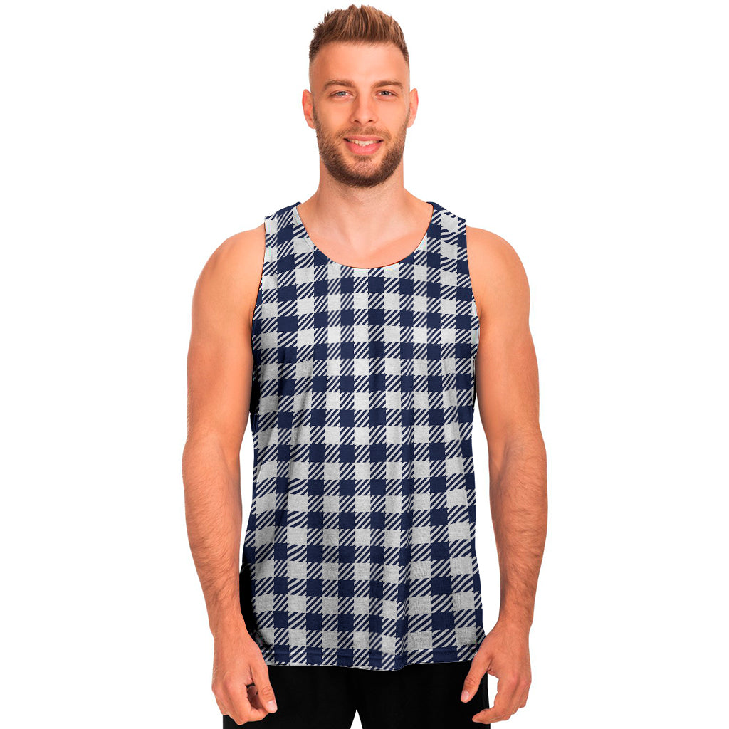 Navy And White Gingham Pattern Print Men's Tank Top