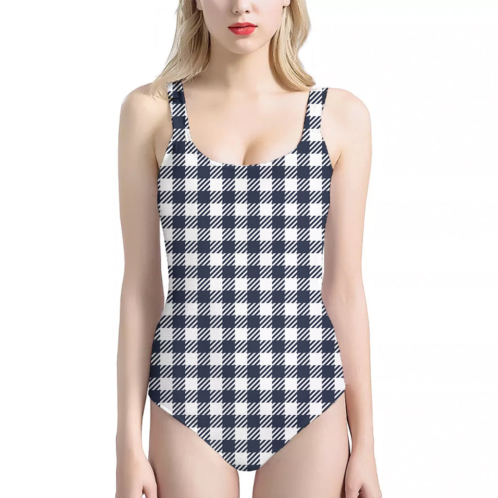 Navy And White Gingham Pattern Print One Piece Halter Neck Swimsuit