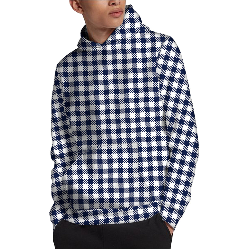 Navy And White Gingham Pattern Print Pullover Hoodie