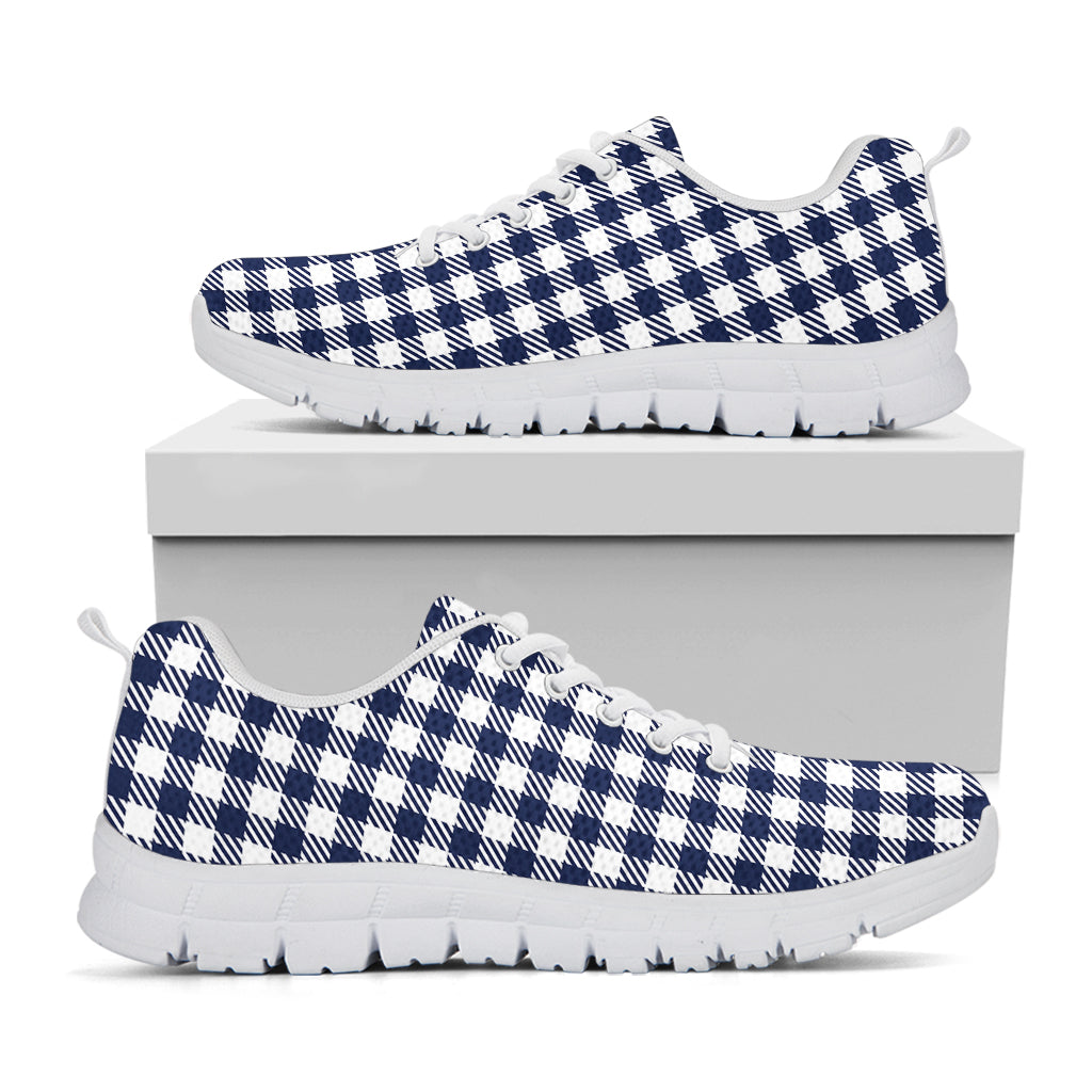 Navy And White Gingham Pattern Print White Sneakers