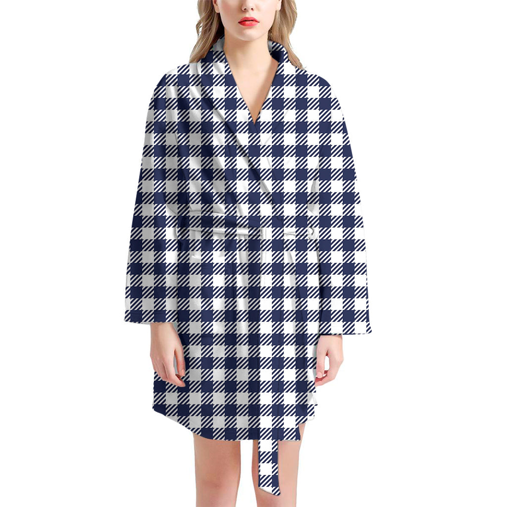 Navy And White Gingham Pattern Print Women's Bathrobe