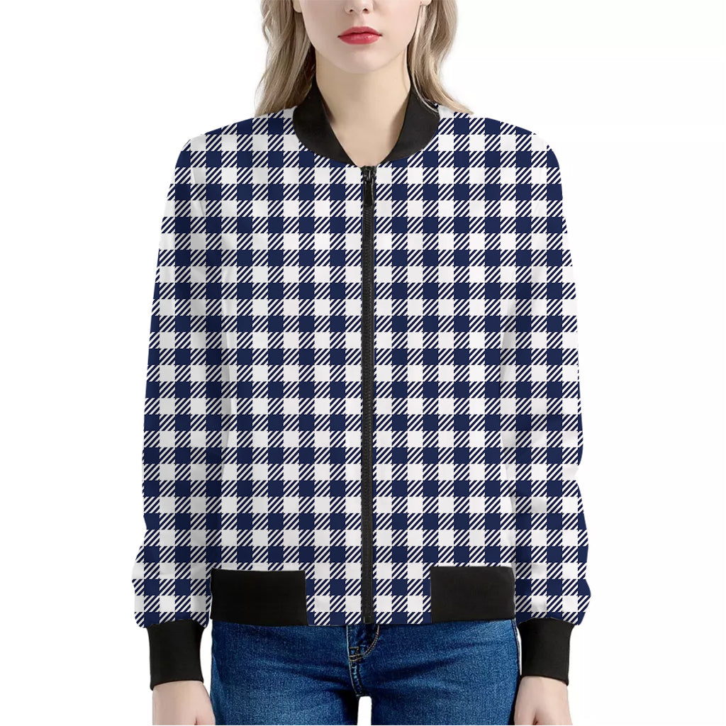 Navy And White Gingham Pattern Print Women's Bomber Jacket