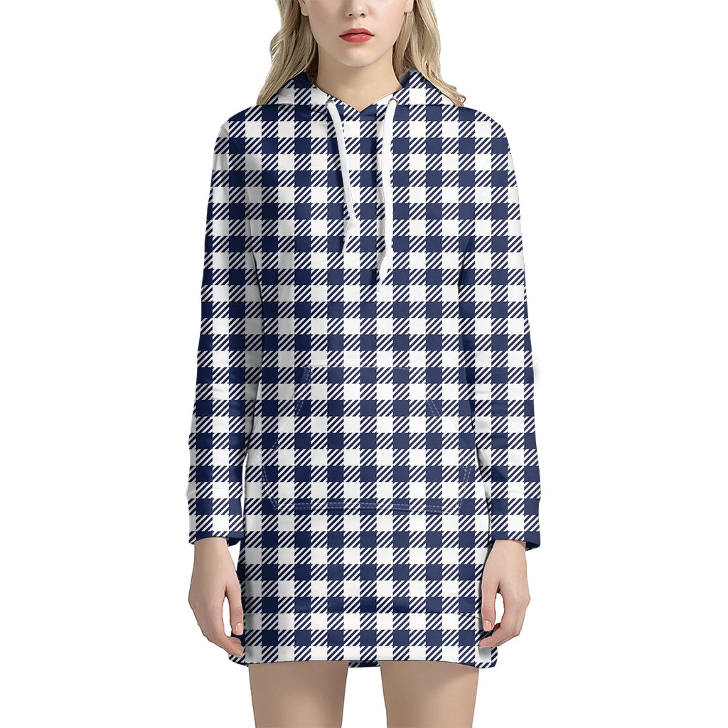 Navy And White Gingham Pattern Print Women's Pullover Hoodie Dress