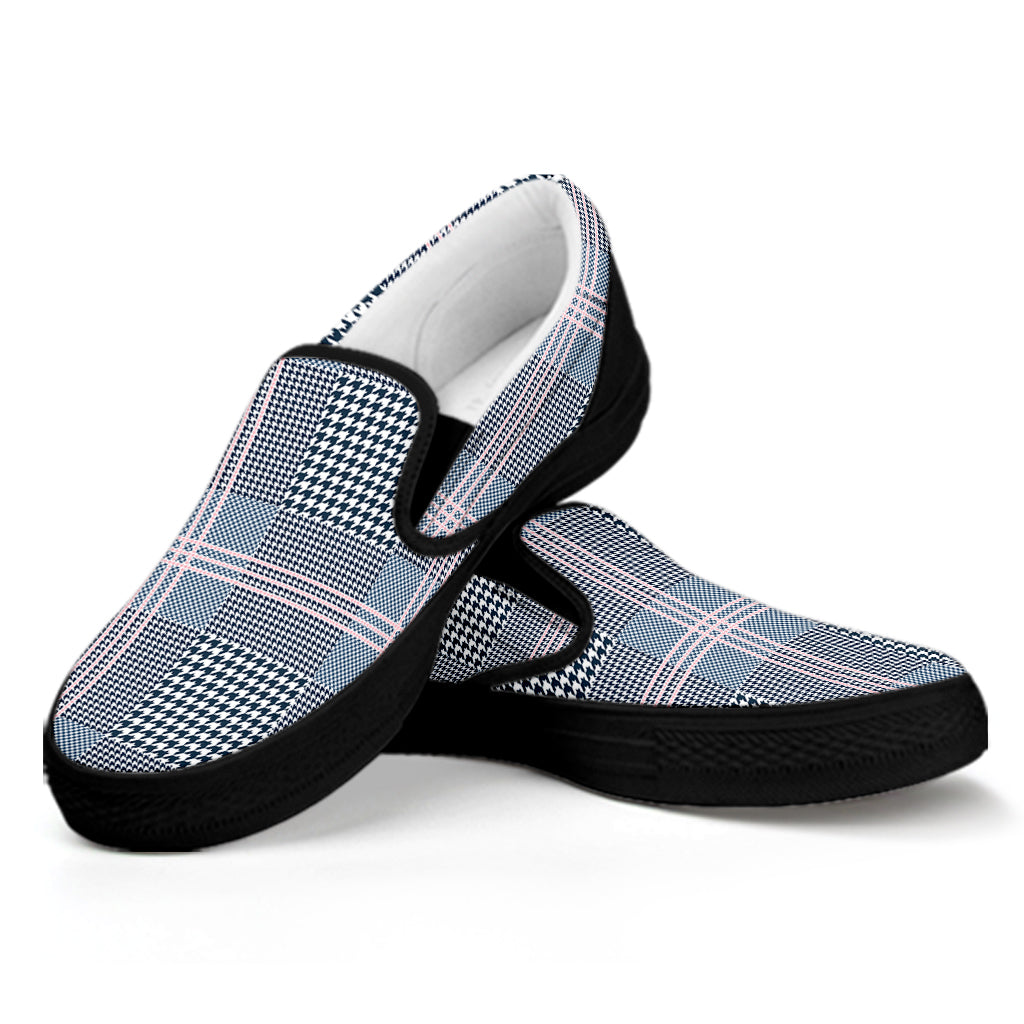 Navy And White Glen Plaid Print Black Slip On Shoes