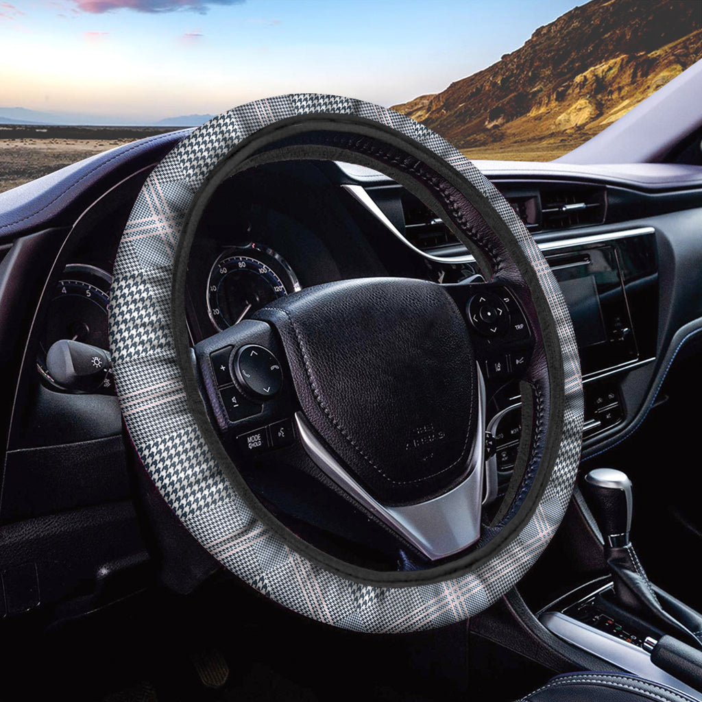 Navy And White Glen Plaid Print Car Steering Wheel Cover