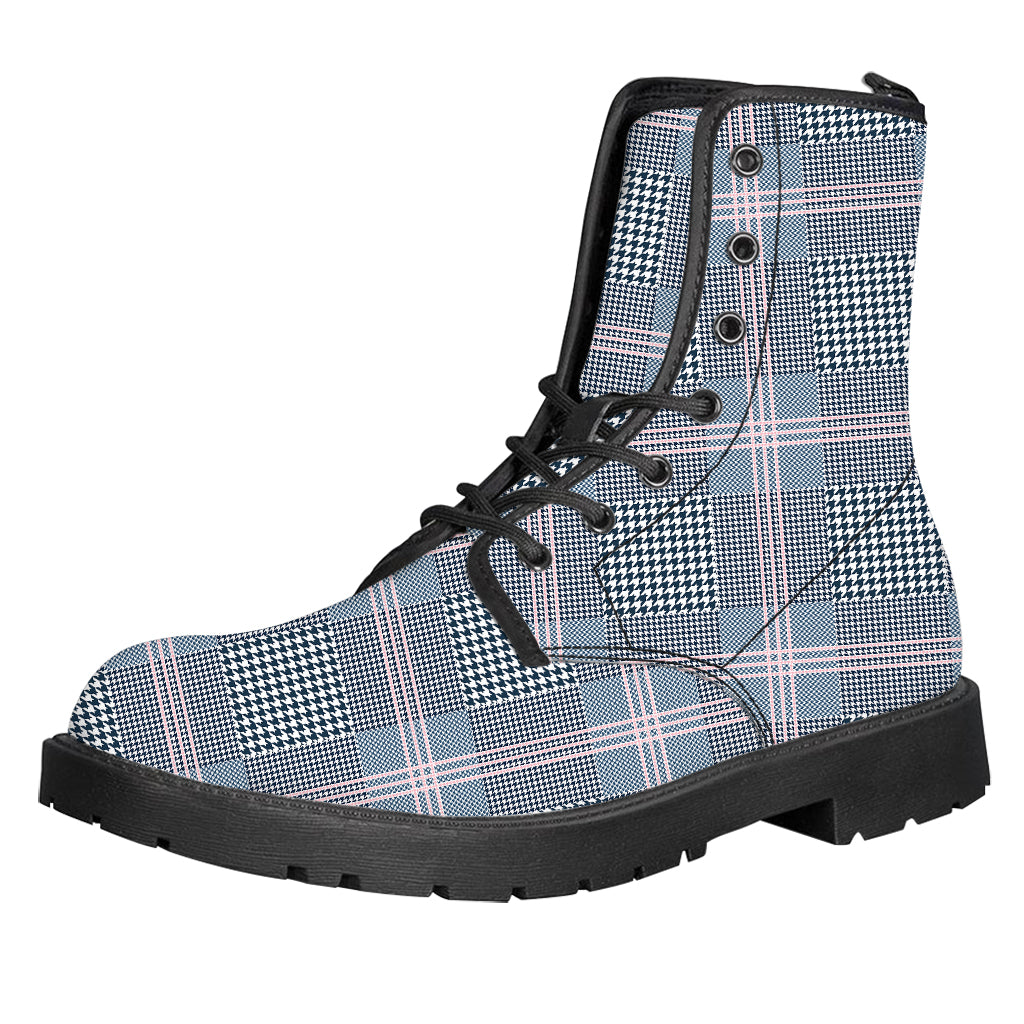 Navy And White Glen Plaid Print Leather Boots