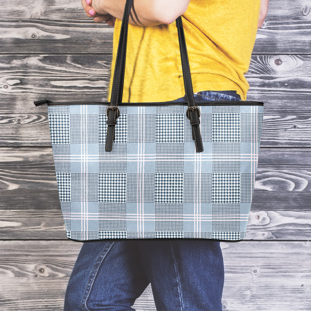 Navy And White Glen Plaid Print Leather Tote Bag