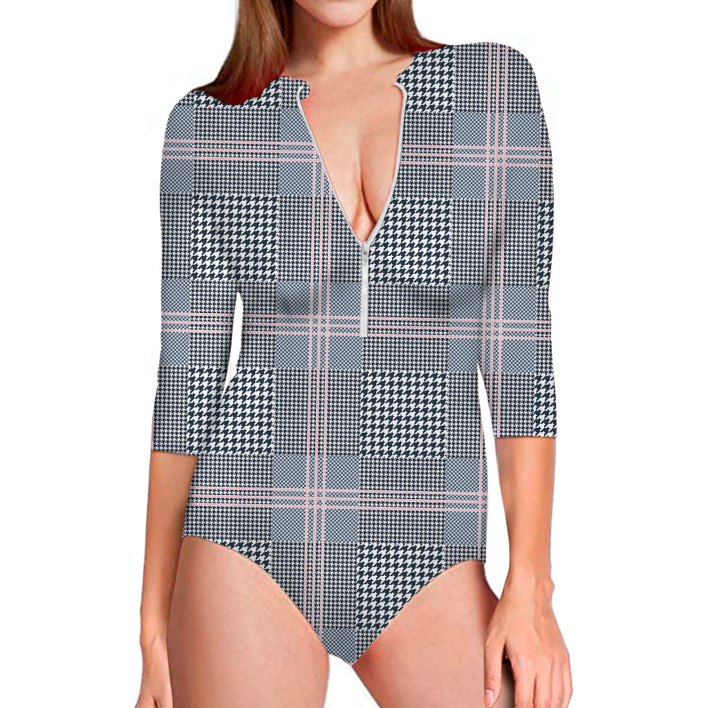 Navy And White Glen Plaid Print Long Sleeve One Piece Swimsuit