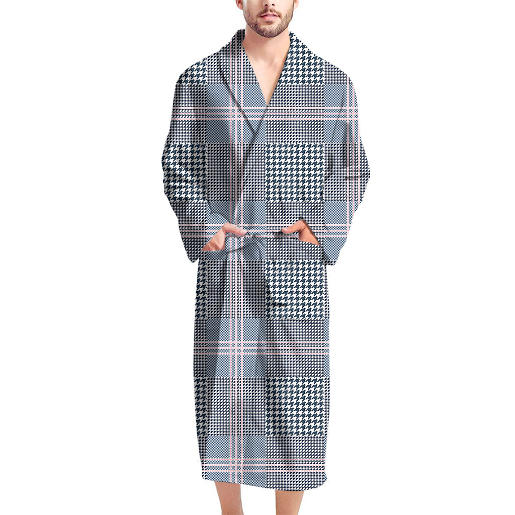 Navy And White Glen Plaid Print Men's Bathrobe