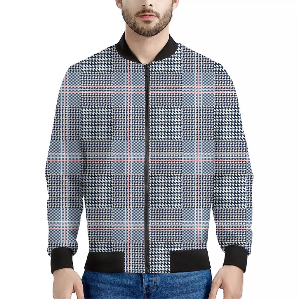 Navy And White Glen Plaid Print Men's Bomber Jacket