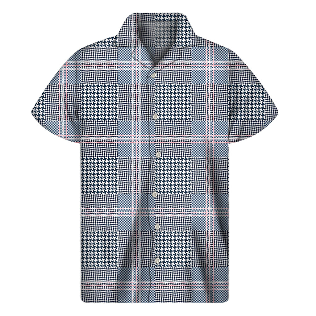 Navy And White Glen Plaid Print Men's Short Sleeve Shirt