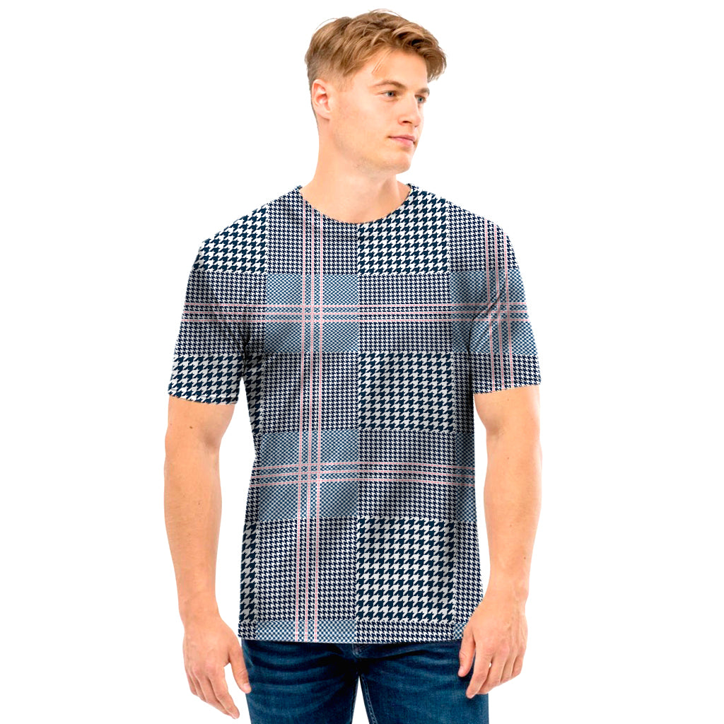 Navy And White Glen Plaid Print Men's T-Shirt