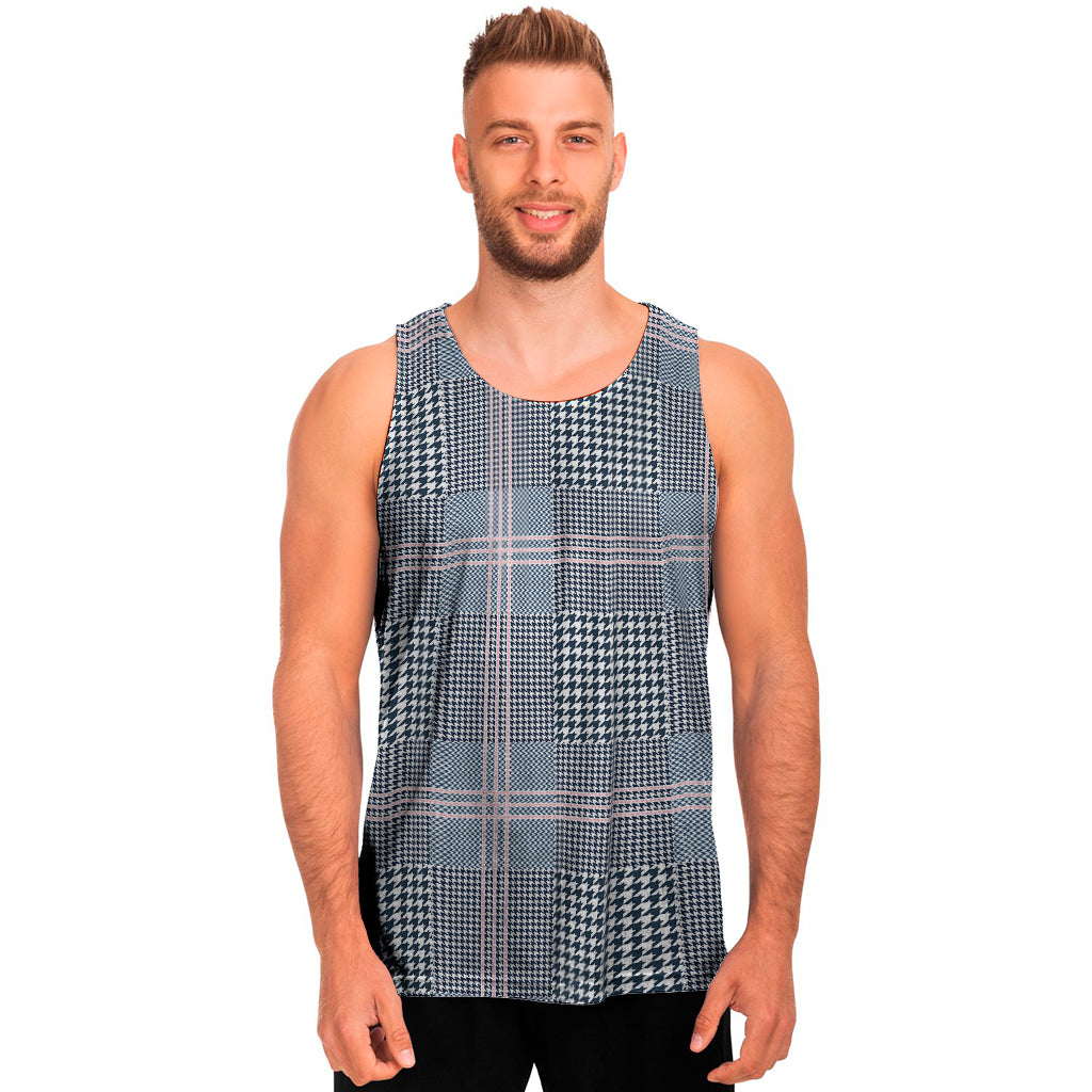 Navy And White Glen Plaid Print Men's Tank Top