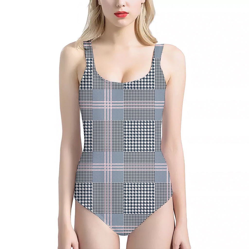 Navy And White Glen Plaid Print One Piece Halter Neck Swimsuit