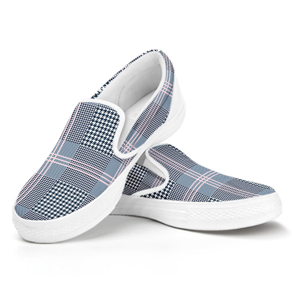 Navy And White Glen Plaid Print White Slip On Shoes