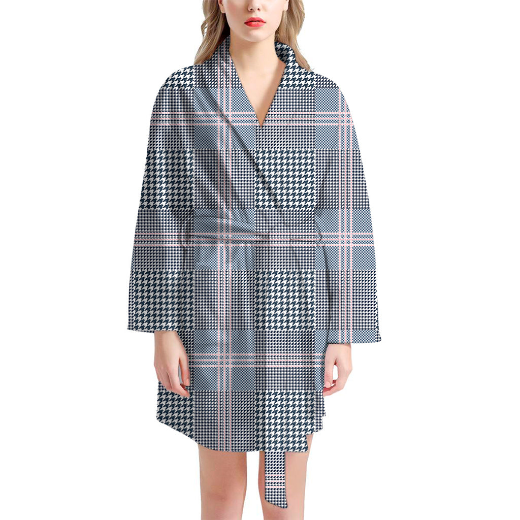 Navy And White Glen Plaid Print Women's Bathrobe