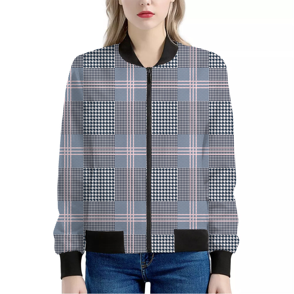 Navy And White Glen Plaid Print Women's Bomber Jacket