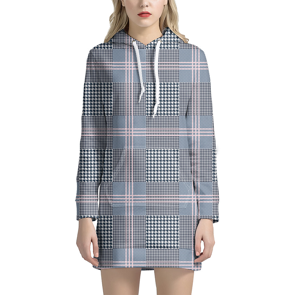 Navy And White Glen Plaid Print Women's Pullover Hoodie Dress