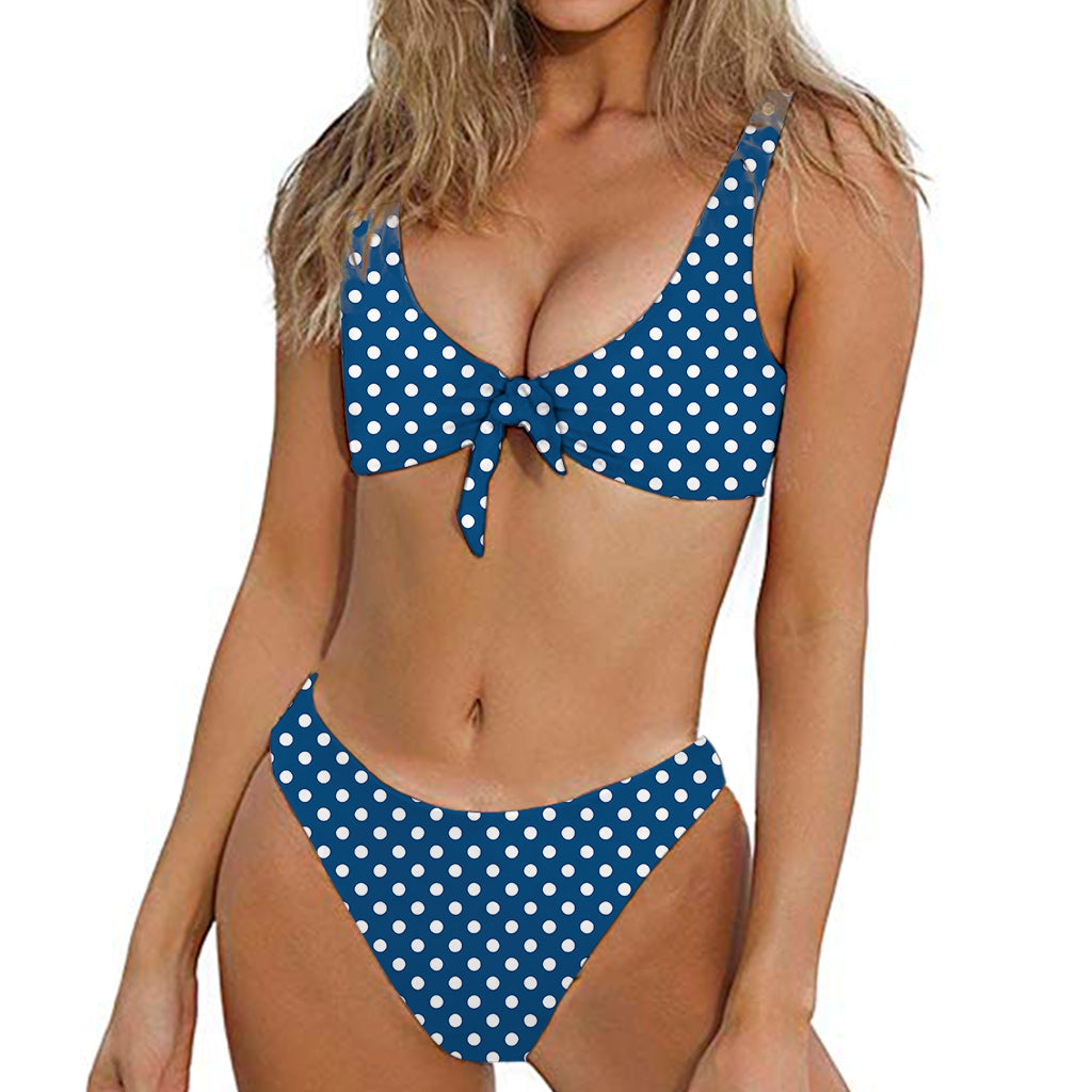 Navy And White Polka Dot Pattern Print Front Bow Tie Bikini