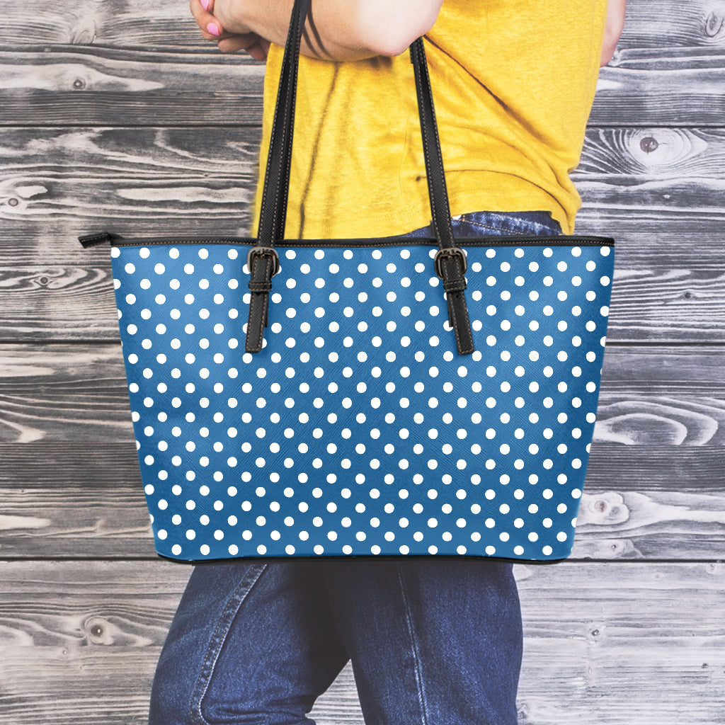 Navy And White Polka Dot Pattern Print Leather Tote Bag