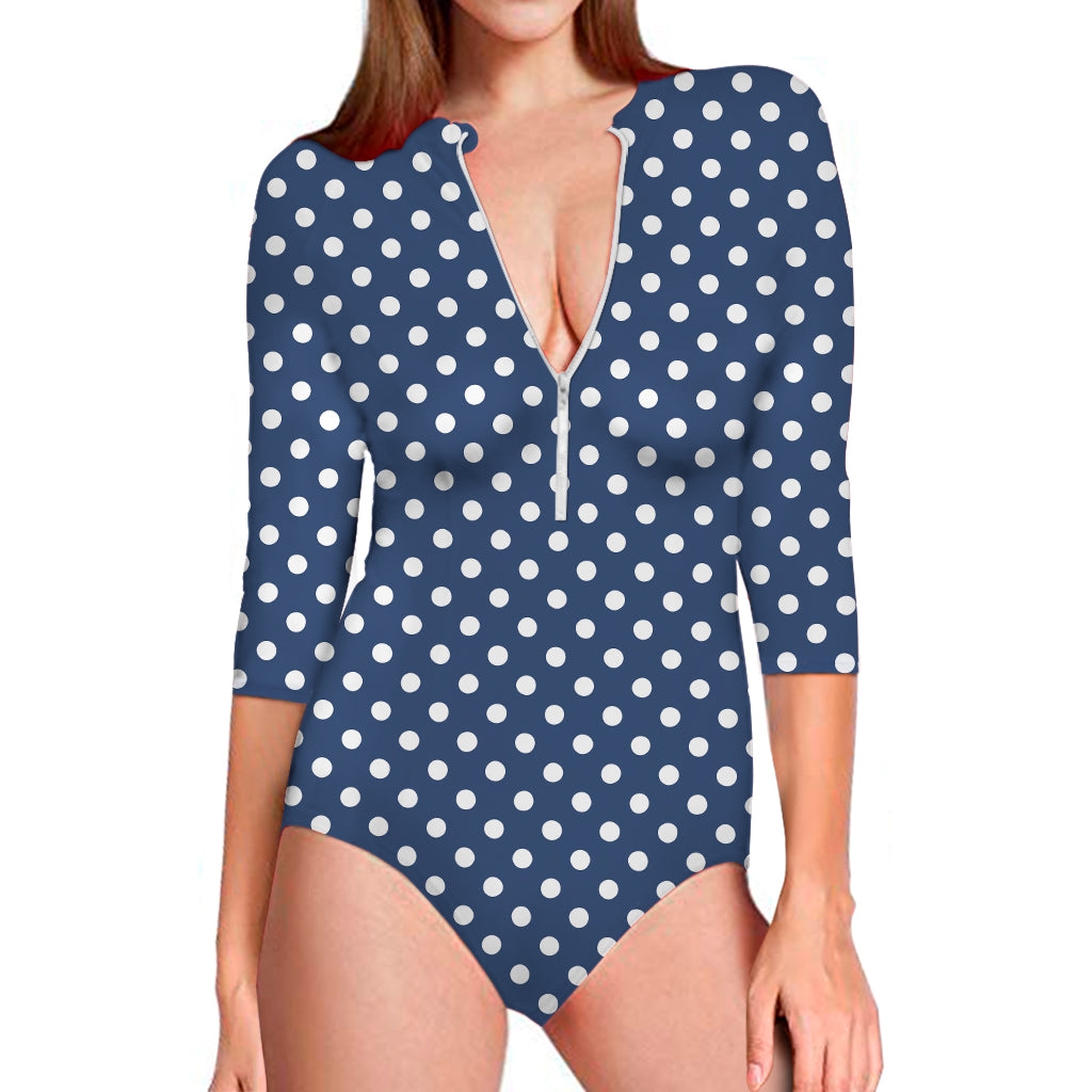 Navy And White Polka Dot Pattern Print Long Sleeve One Piece Swimsuit