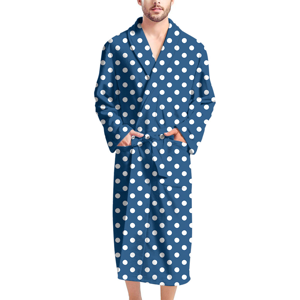 Navy And White Polka Dot Pattern Print Men's Bathrobe