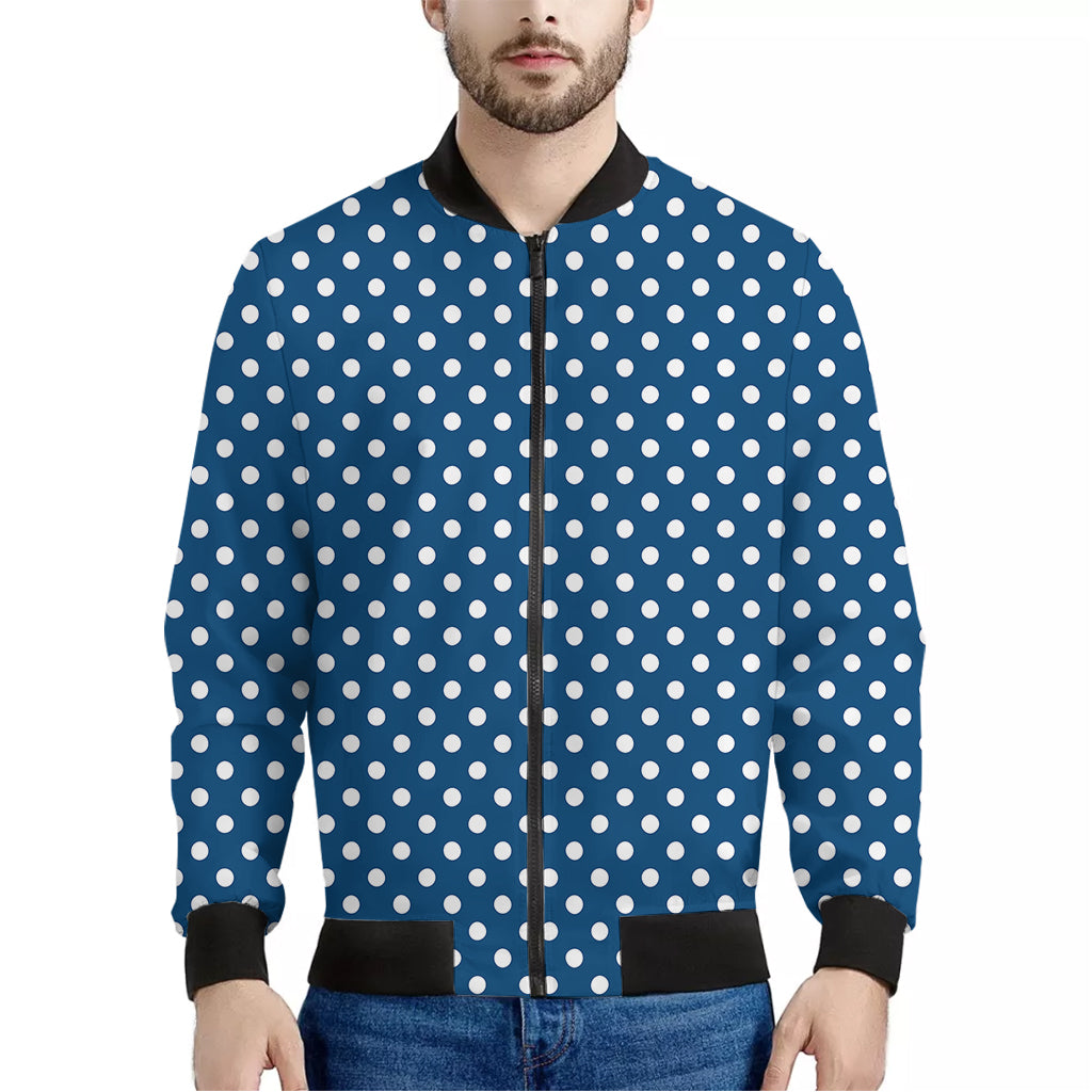 Navy And White Polka Dot Pattern Print Men's Bomber Jacket