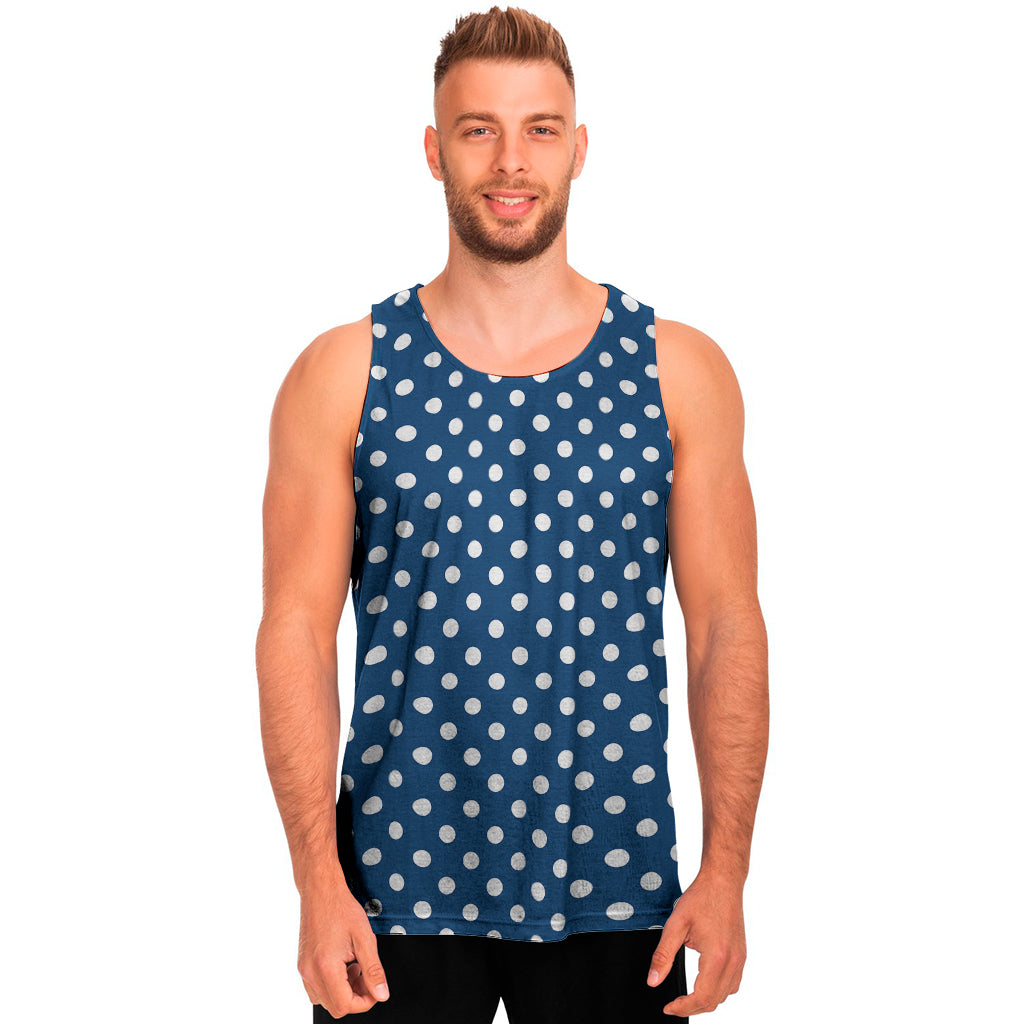 Navy And White Polka Dot Pattern Print Men's Tank Top