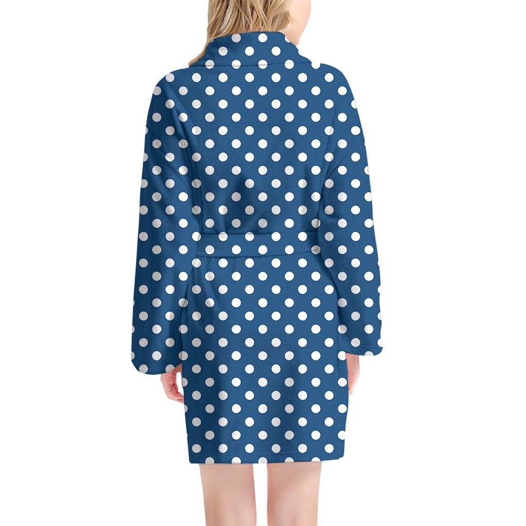 Navy And White Polka Dot Pattern Print Women's Bathrobe