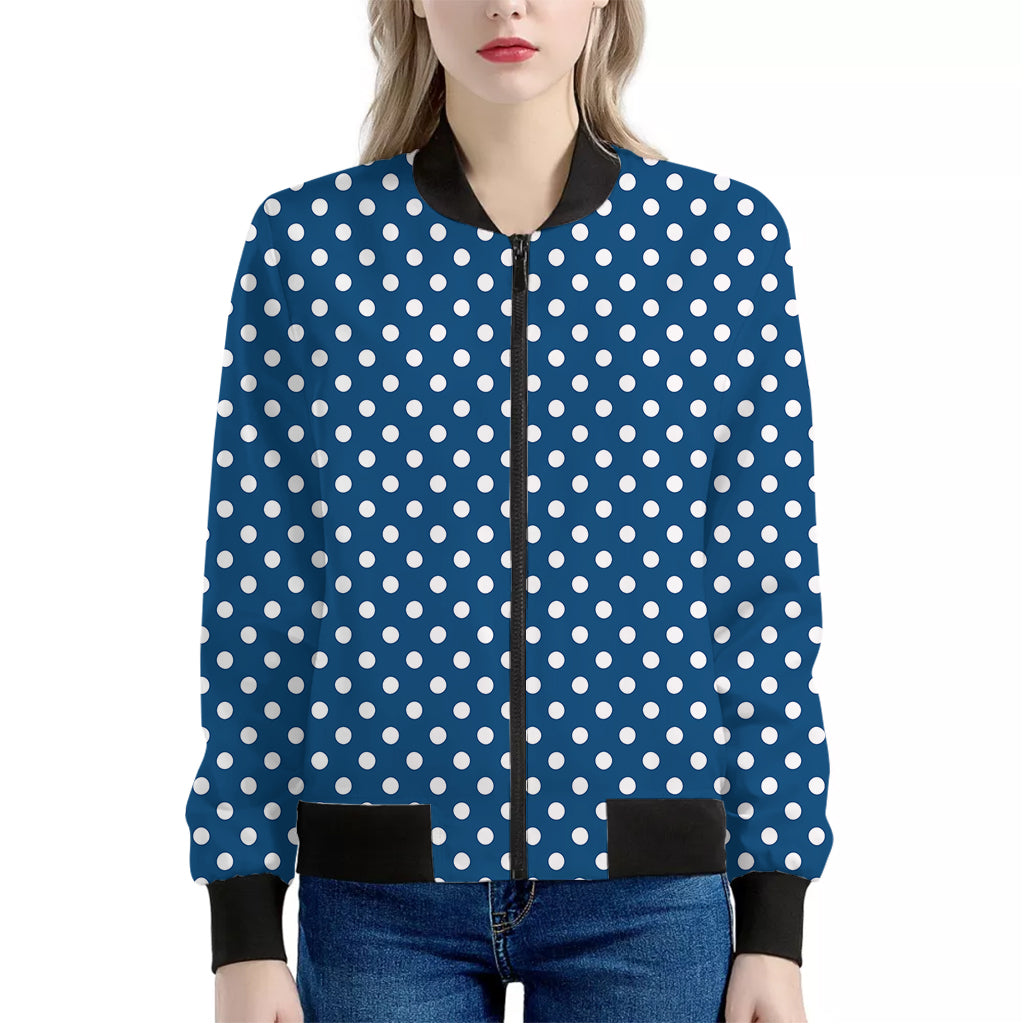 Navy And White Polka Dot Pattern Print Women's Bomber Jacket