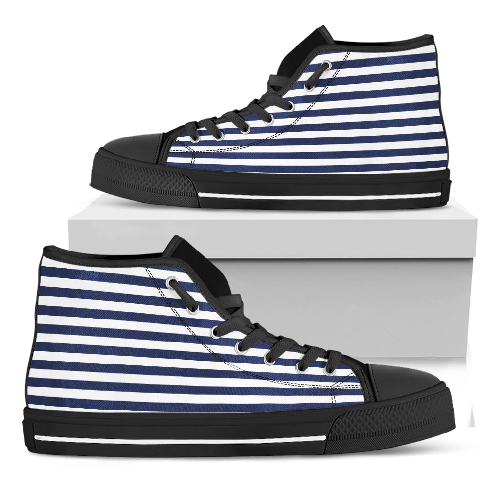 Navy And White Striped Pattern Print Black High Top Shoes