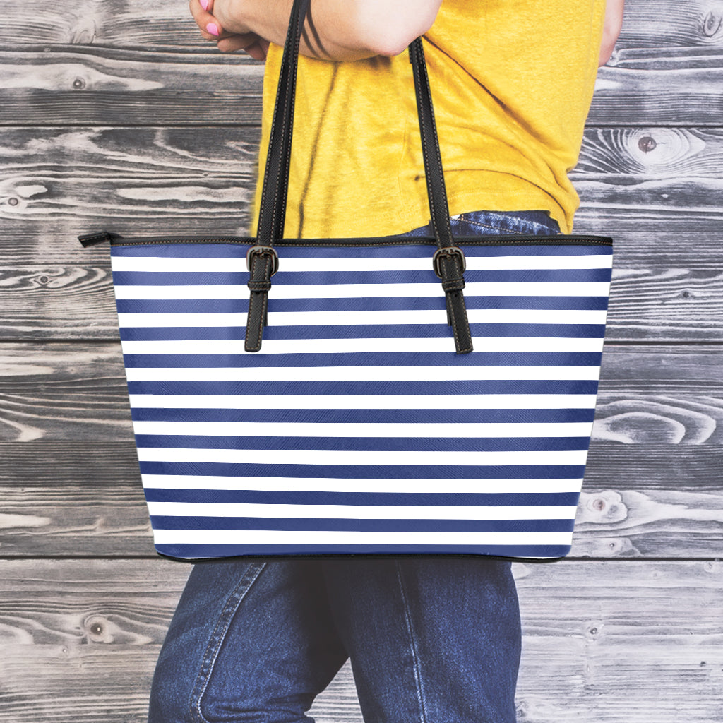 Navy And White Striped Pattern Print Leather Tote Bag