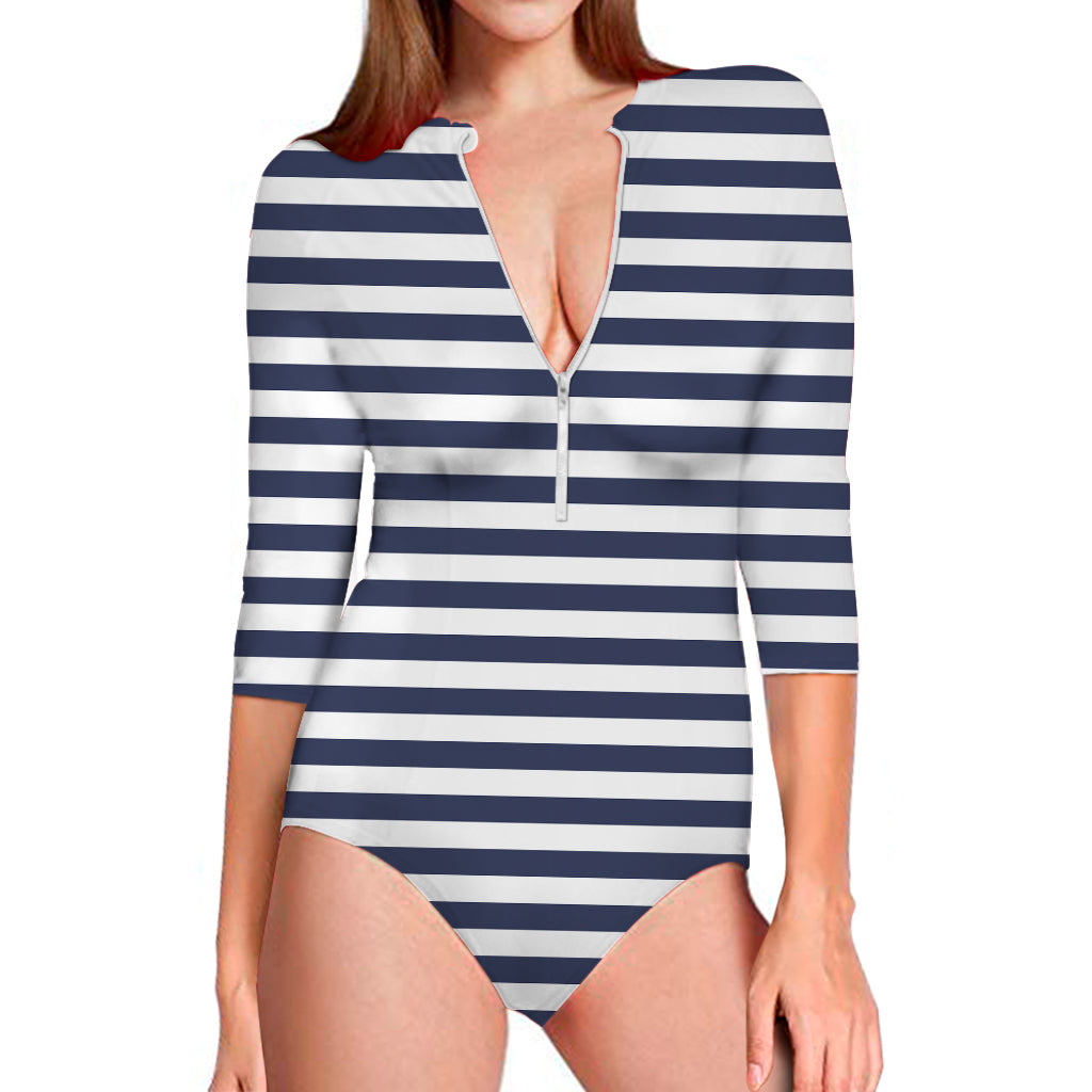 Navy And White Striped Pattern Print Long Sleeve One Piece Swimsuit