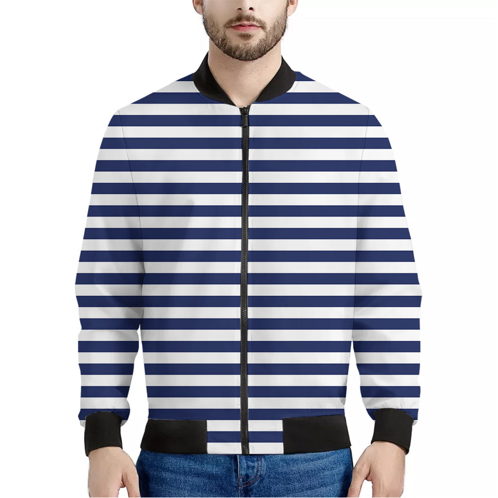 Navy And White Striped Pattern Print Men's Bomber Jacket