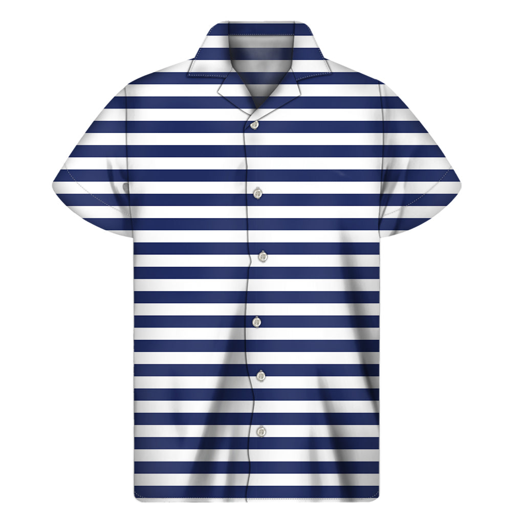 Navy And White Striped Pattern Print Men's Short Sleeve Shirt