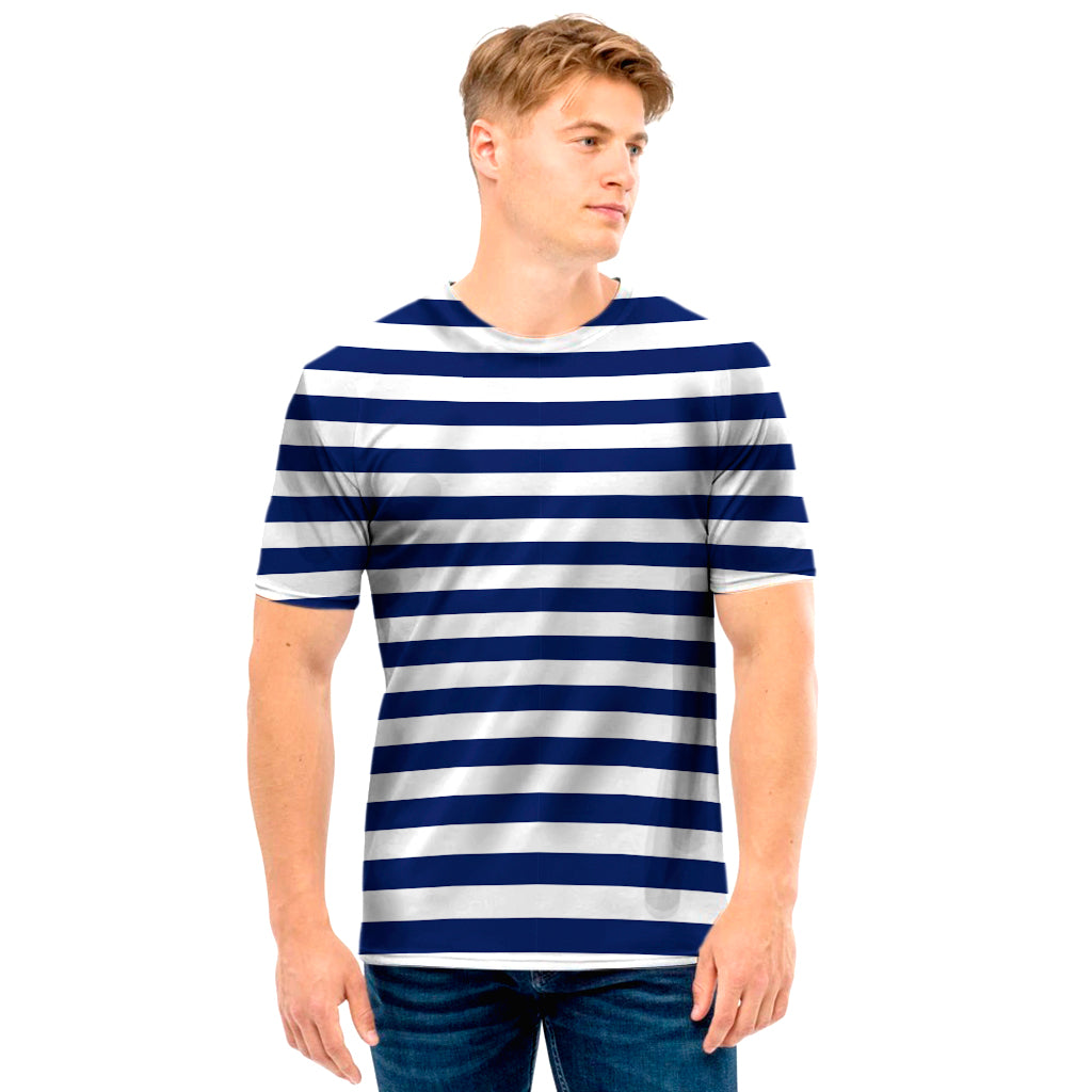 Navy And White Striped Pattern Print Men's T-Shirt