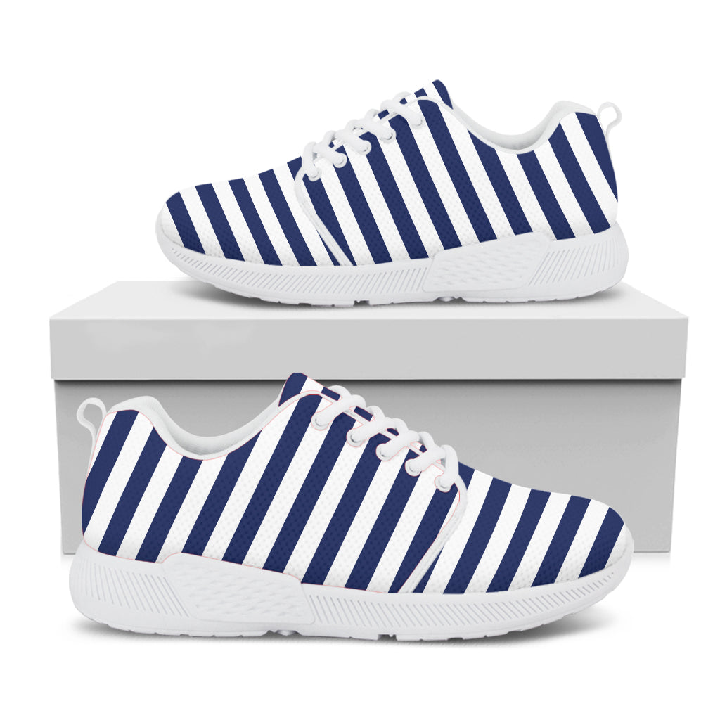 Navy And White Striped Pattern Print White Athletic Shoes