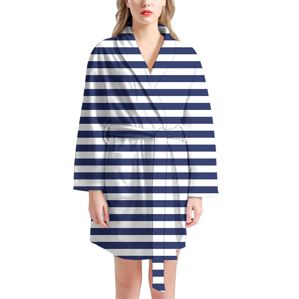 Navy And White Striped Pattern Print Women's Bathrobe