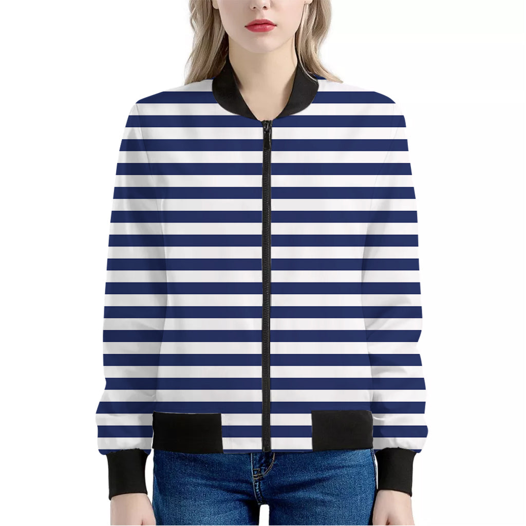 Navy And White Striped Pattern Print Women's Bomber Jacket