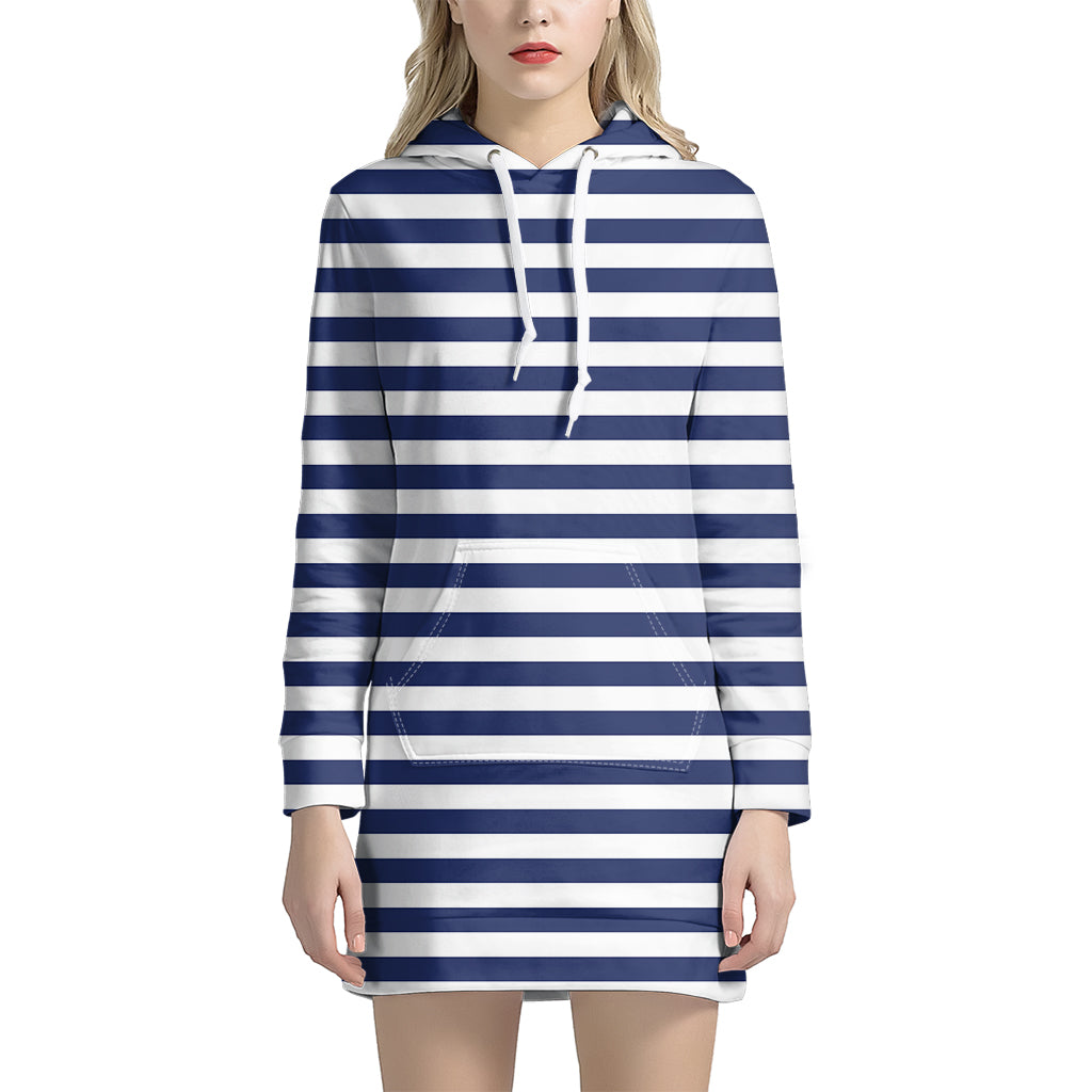 Navy And White Striped Pattern Print Women's Pullover Hoodie Dress