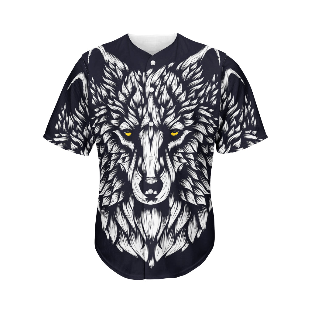 Navy And White Wolf Print Men's Baseball Jersey