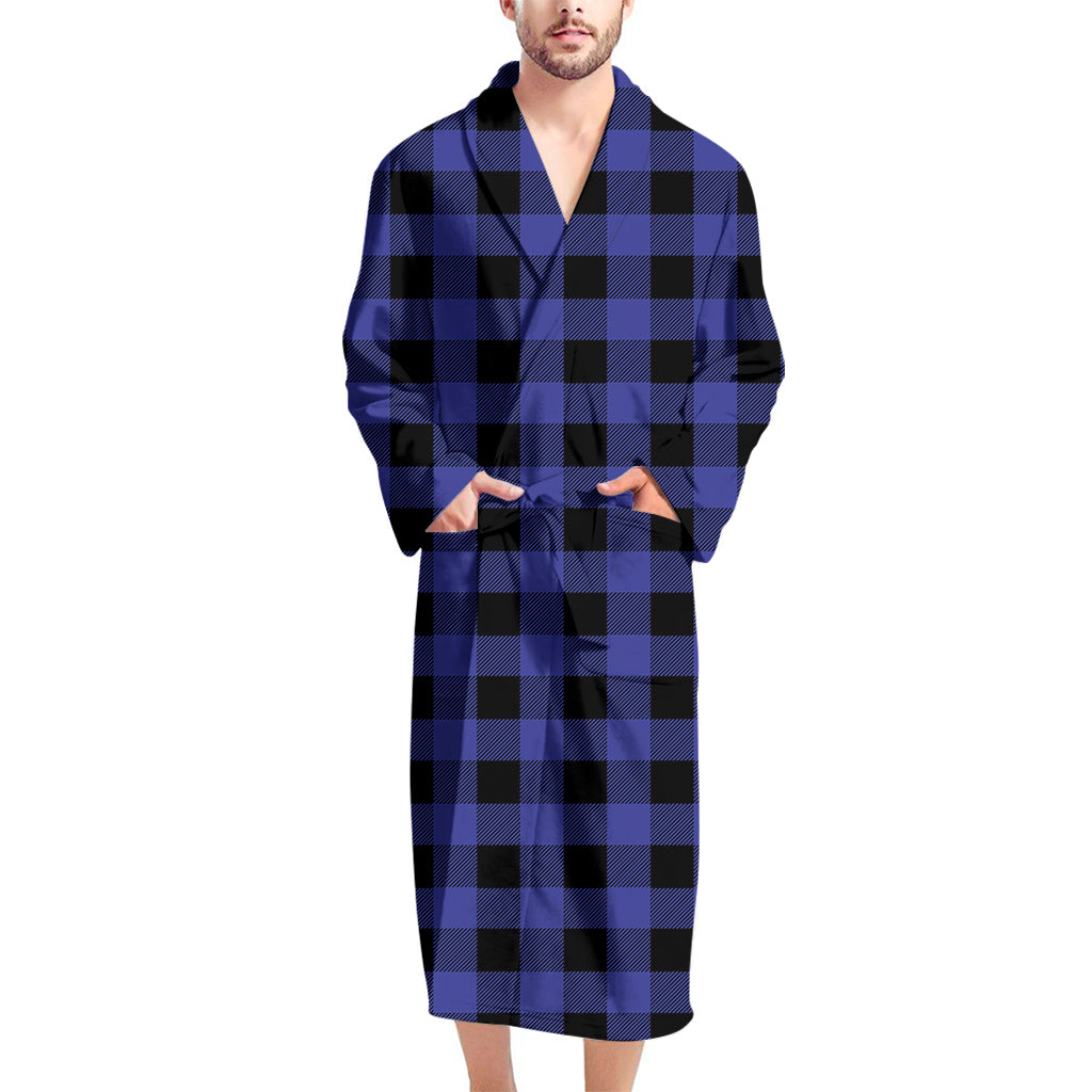 Navy Blue And Black Buffalo Check Print Men's Bathrobe