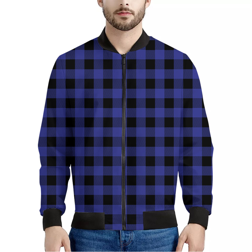 Navy Blue And Black Buffalo Check Print Men's Bomber Jacket