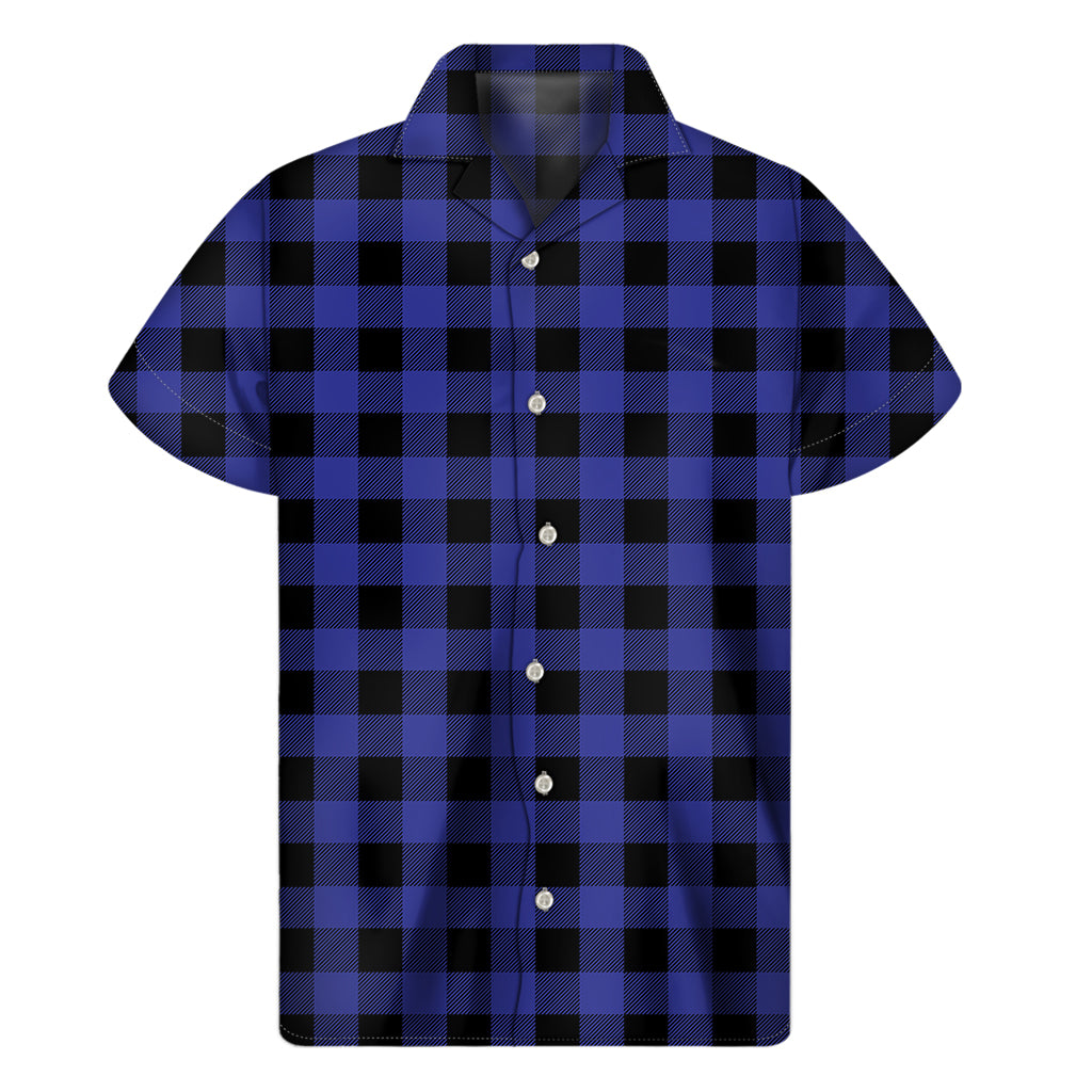 Navy Blue And Black Buffalo Check Print Men's Short Sleeve Shirt