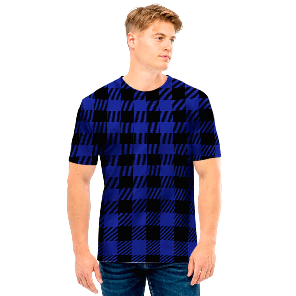 Navy Blue And Black Buffalo Check Print Men's T-Shirt